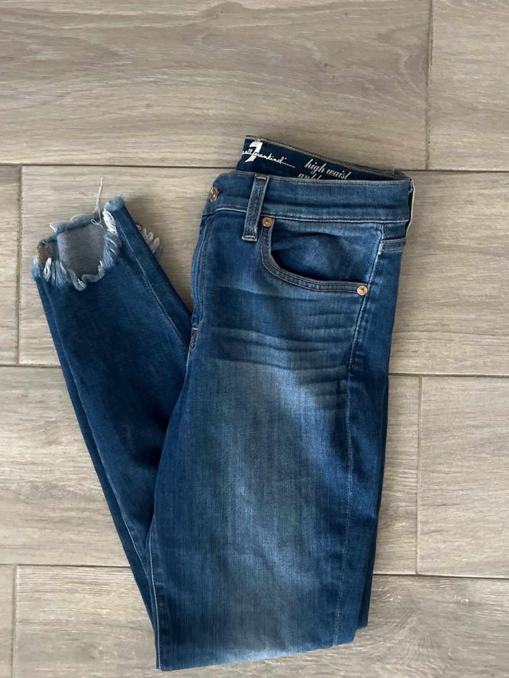 7 For All Mankind Dark Blue Skinny Jeans with Frayed Hem - Picture 4 of 5